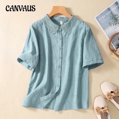 Camicia da donna estiva taglie forti Top a maniche corte in jacquard di cotone tinta unita letterario