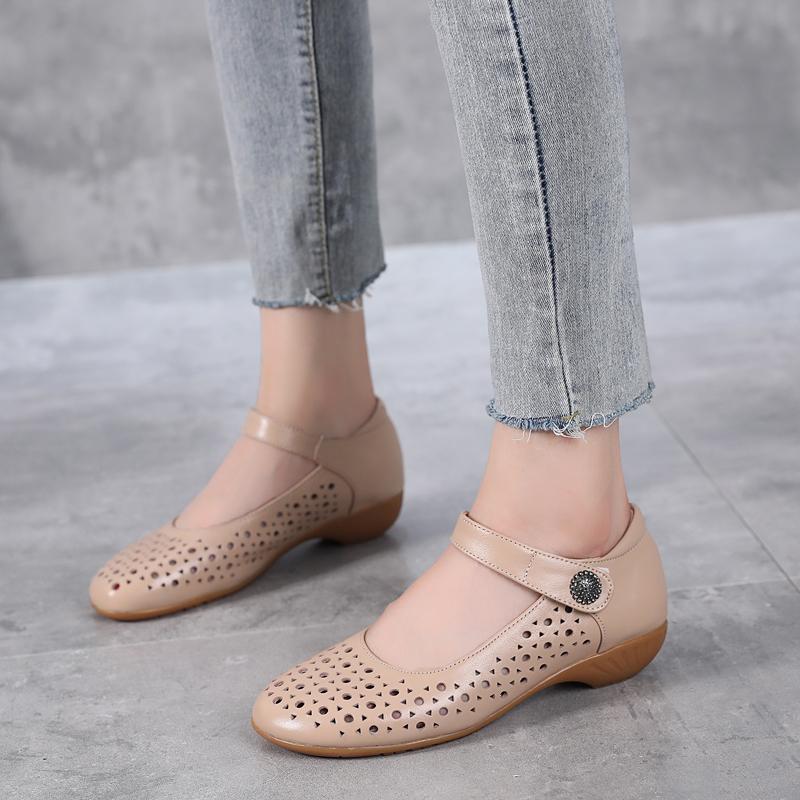 Fashion GKTINOO Genuine Leather Ladies Flat Summer Shoes Woman Slip On Casual Loafers Hollow Out Round Toe Soft Comfort Sandals Female