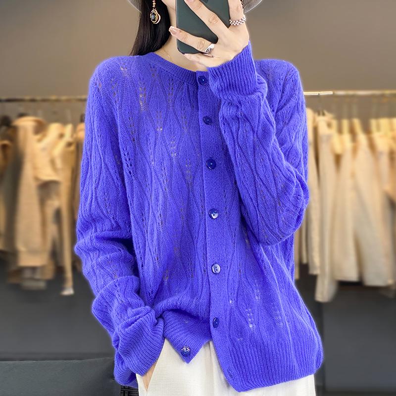 2023 Women's Retro Loose Round Neck Hollow Pure Wool Cardigan Sweater Knit - Early Autumn