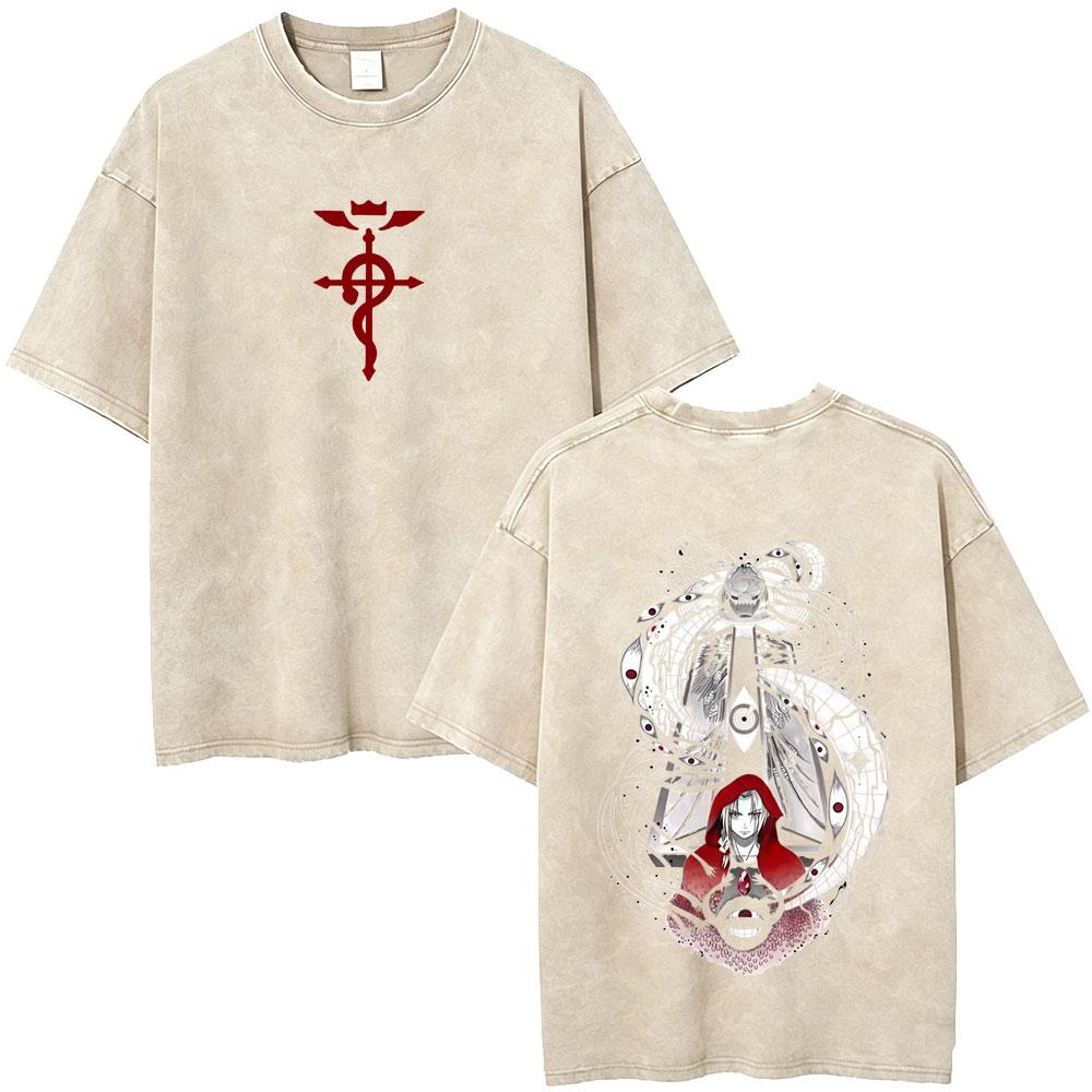 Camiseta Gráfica Lavada Vintage Anime Fullmetal Alchemist Edward Elric y Alphonse Elric para Hombre Mujer Manga Verano Retro Camisetas