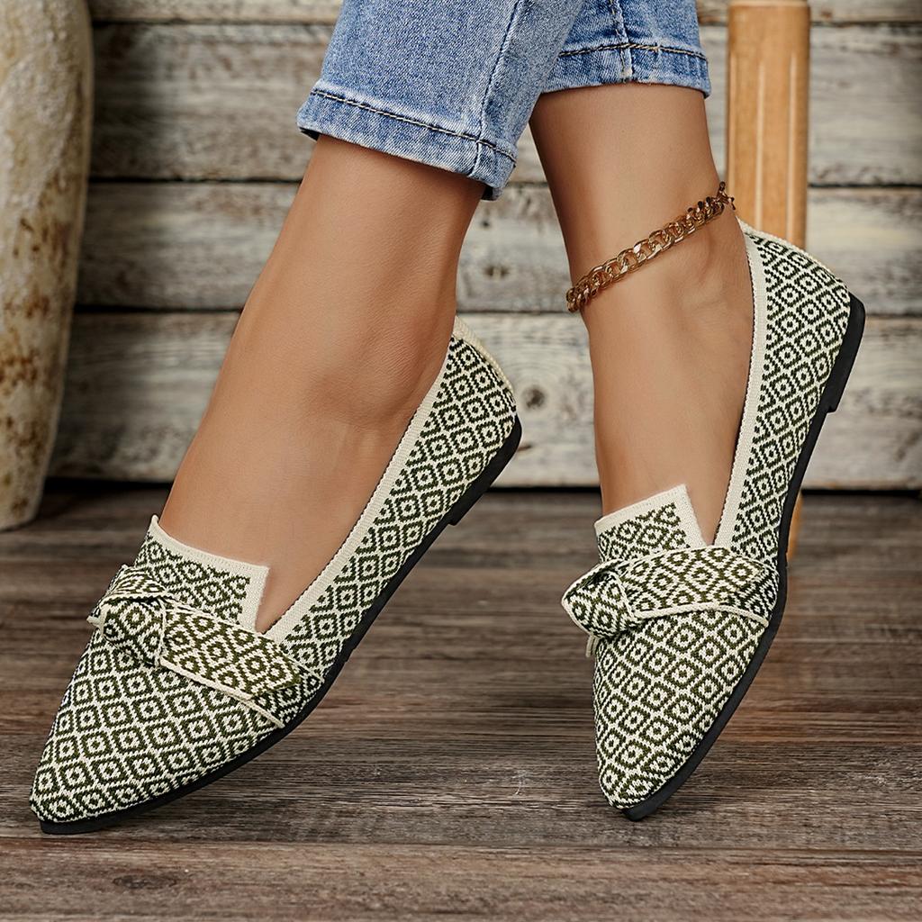 Fashion Women Flats Spring Large Size Walking Sneakers Women Pointed Toe Low-top Bow Loafers Fashion Printed Knitted Flat Shoes Women