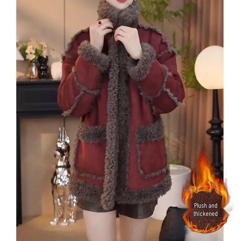 

Women s Mid-Length Fleece-Lined Lambswool Jacket - Warm & Stylish for Autumn/Winter L (85-105 jin)