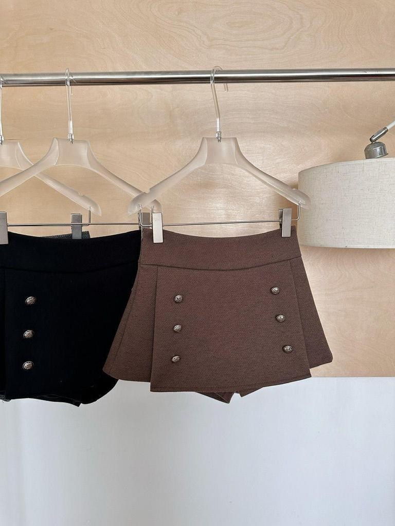 Petite High-Waisted Woolen A-Line Skort - Autumn & Winter Double-Breasted Style