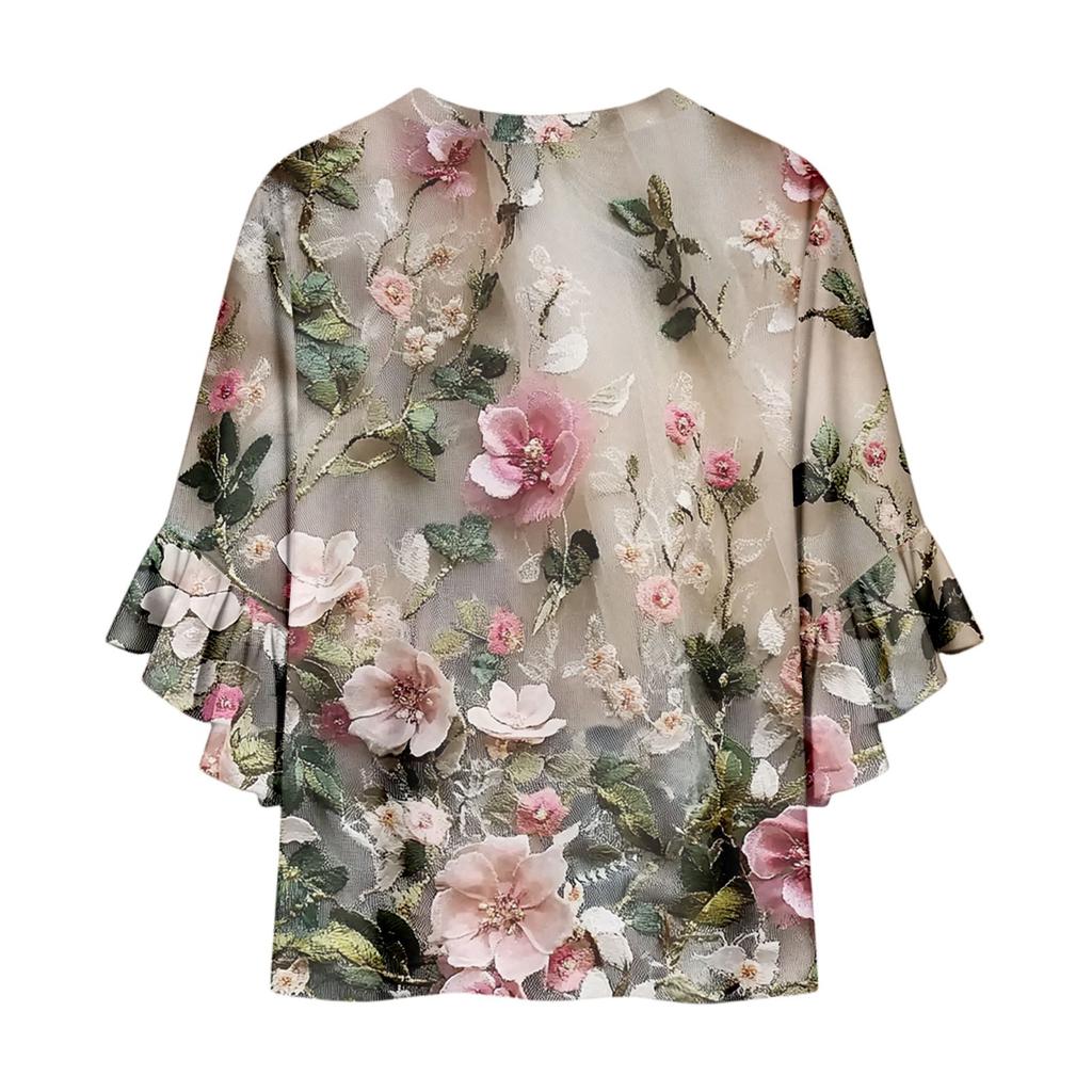 Summer Tops For Women Cute V Neck 3/4 Sleeve Blouses Floral Print Top Casual Shirts