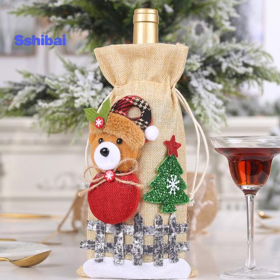 Christmas Wine Bottle Bag with Drawstring Santa Claus Reindeer Snowman Bear Burlap Wine Bottle Gift Bag Cover Christmas Holiday Wine Bottle Decoration