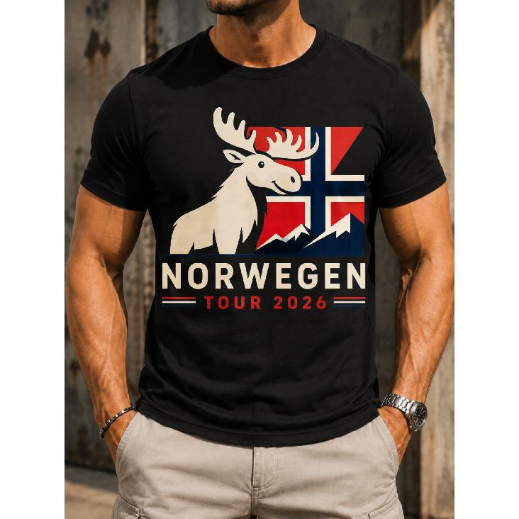 Norway Tour T-Shirt - Minimalist Scandinavian Moose & Mountain Print, Bold 2026 Lettering, Casual Round Neck Tee Suitable for - Wear, Machine