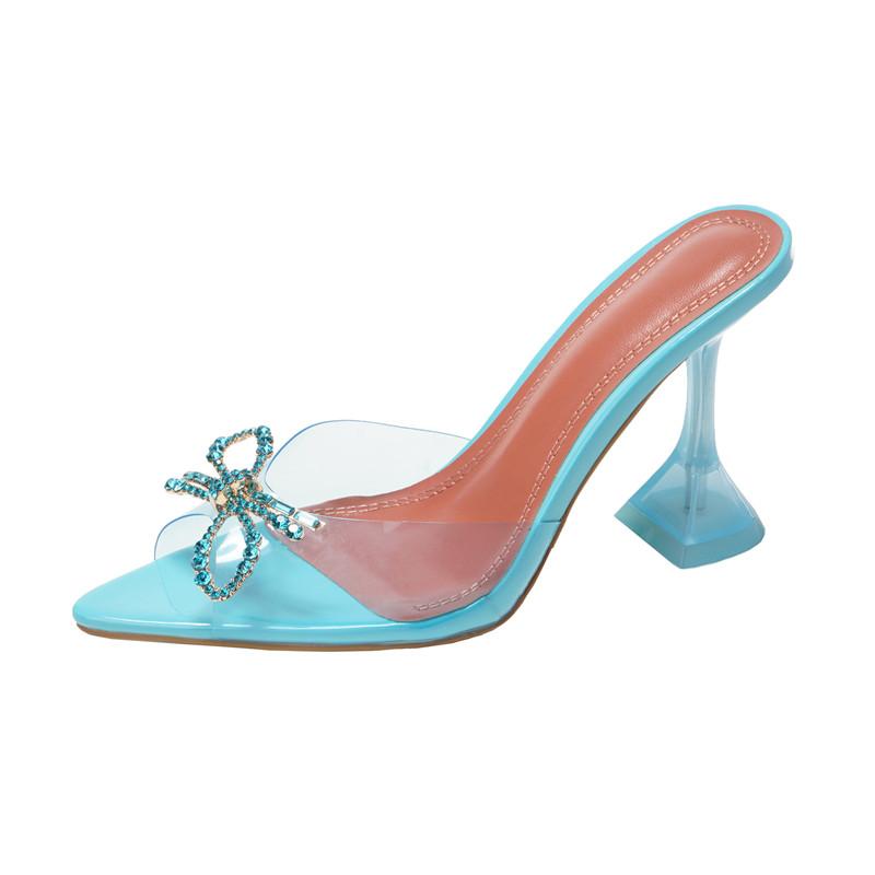 Fashion Big Size 35-45 Transparent PVC Women Slippers Fashion Crystal Bowknot High Heels Jelly Shoes Summer Female Green Mules Slides