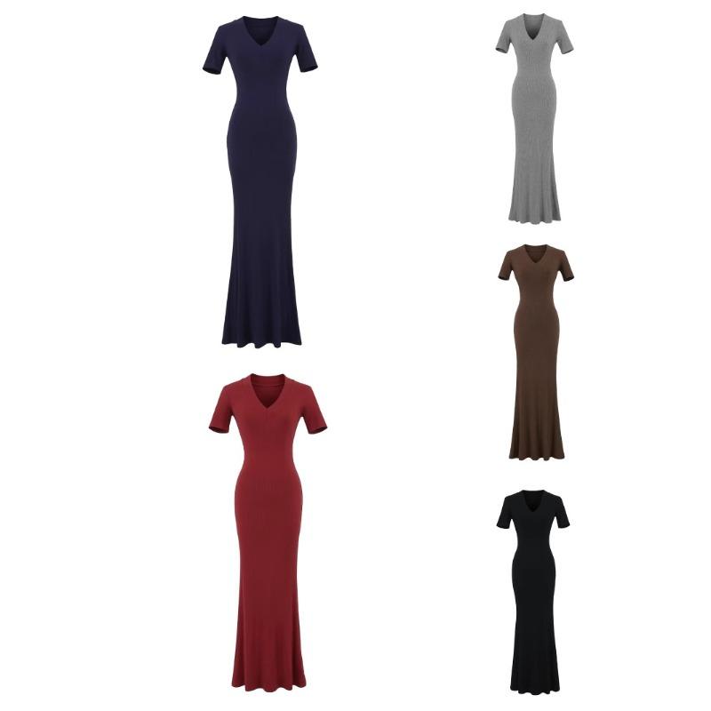 Summer new basic Kardashian basic version V-neck long dress sexy little mother style slim dress