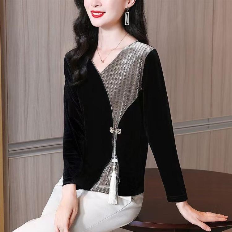 

Autumn Golden Velvet Long Sleeve Chinese Style Maternity T-Shirt for Middle-aged and Elderly Women 5XL чорний