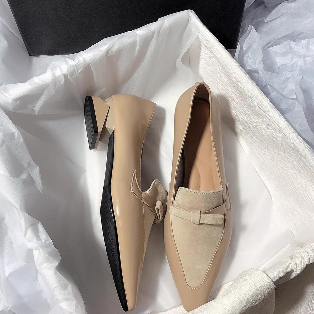 French Full Leather Pointed Single Shoes Women's Spring 2025 New Thick Heel Small Leather Shoes Bow Splicing Loafers