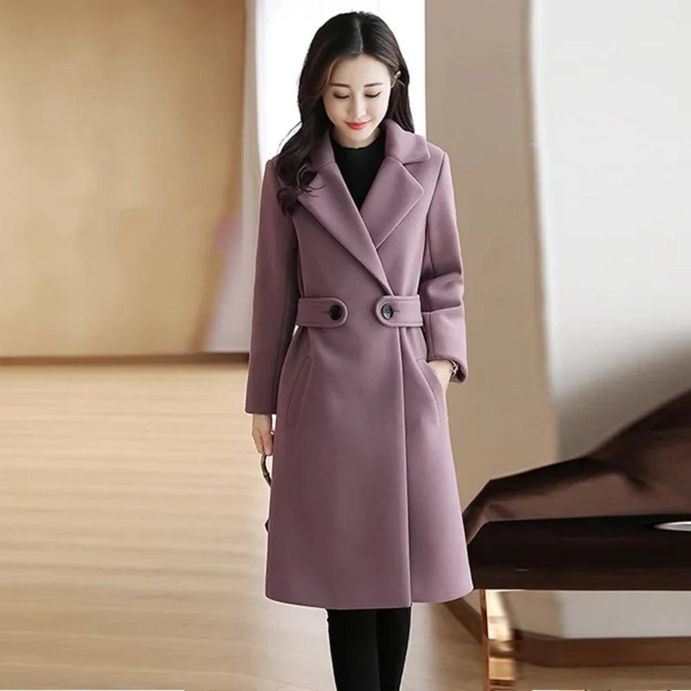 Damen Wende Kragen Langarm Schlanke Passform Pendler Mittellang Wollmantel Elegante Oberbekleidung