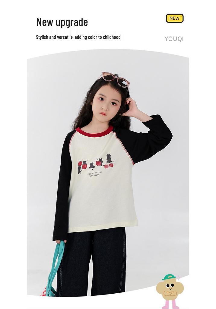You Jia Meng Girls' Long-Sleeve Cotton T-shirt, Stylish Casual Print for Spring and Autumn