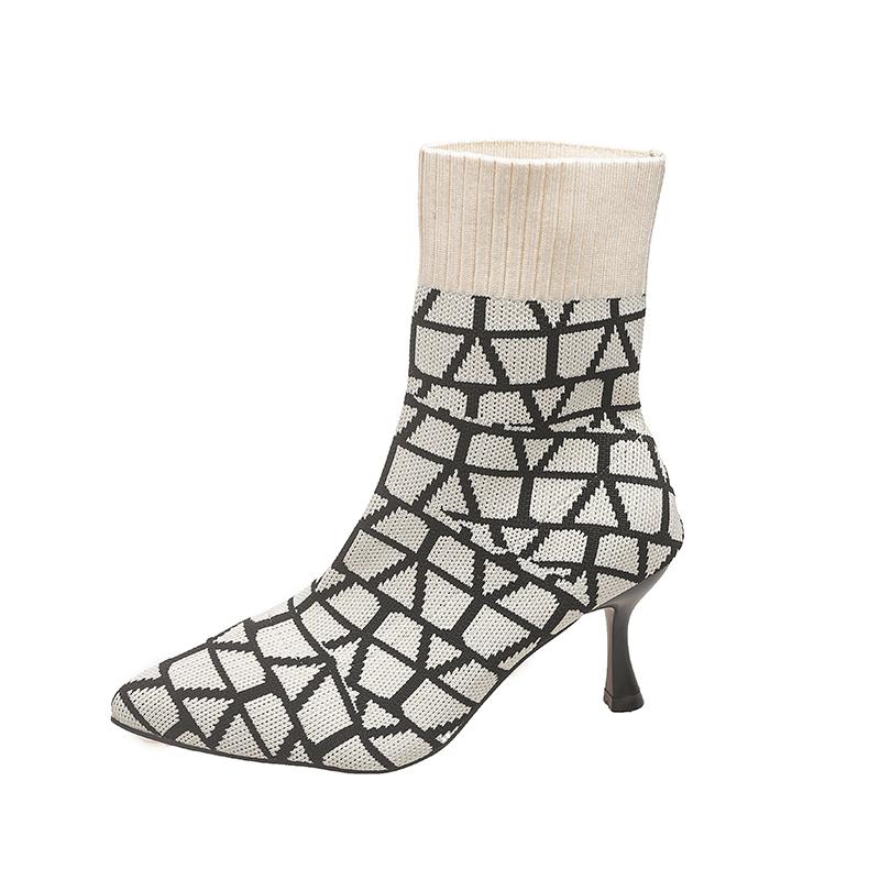 Women's Fashion Boots Pointed Toe Thin Heels Mixed Colors Knitted Boots Fashion All-match Breathable Mesh Women Stretch Boots