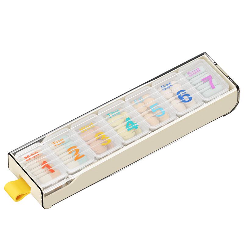 Compact Moisture-Proof 7-Day Pill Organizer Box with Secure Lid and Compartments.