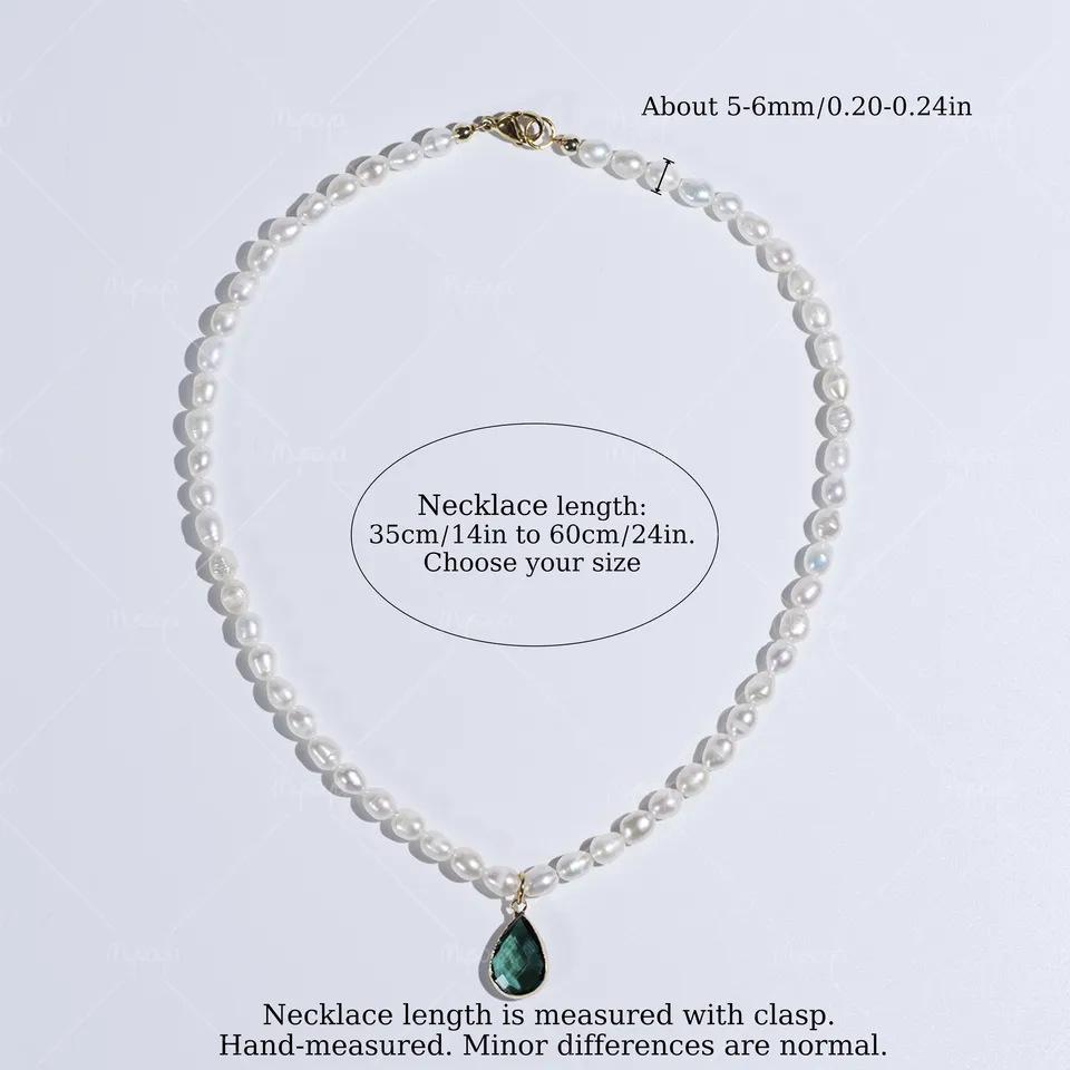White Freshwater Pearl Necklace with Green Teardrop CZ Pendant 35 cm