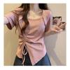 Pink Square Neck Short Sleeve T-shirt Pure Lust Spicy Girl Pleated Design Women Slim Top Casual Solid Color Korean Fashion