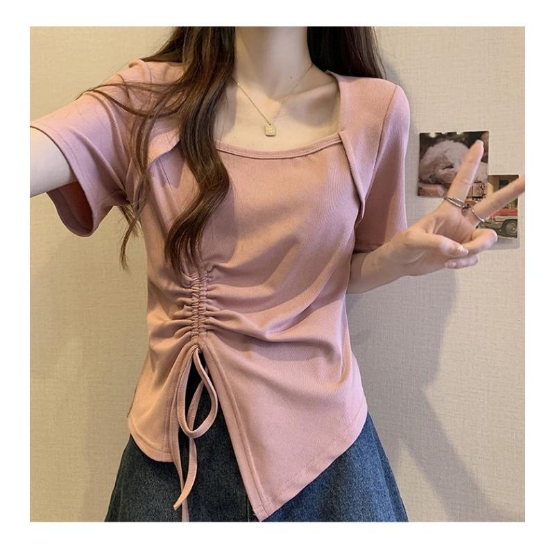 Pink Square Neck Short Sleeve T-shirt Pure Lust Spicy Girl Pleated Design Women Slim Top Casual Solid Color Korean Fashion