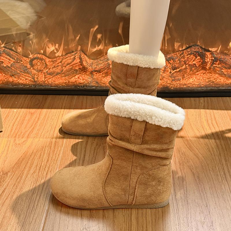 Retro Suede Flat-bottom Snow Boots, Fashionable Pleated Short Boots for Autumn and Winter, Padded and Thickened Cotton Boots