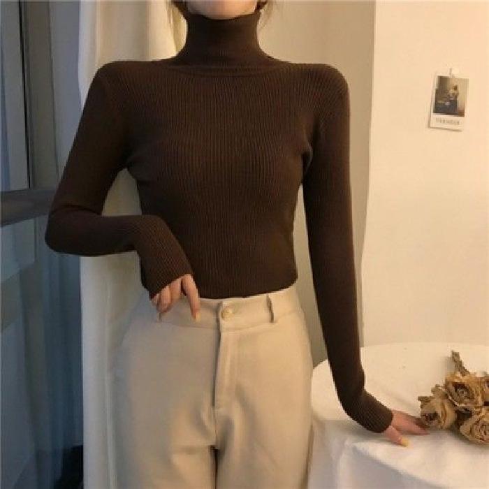 High Neck Solid Color Knit Sweater - Women's Long Sleeve Korean Style Pullover for Autumn/Winter