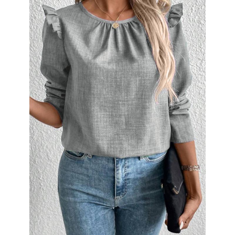 Spring and Autumn Women's Plus Size Blouse Solid Color Back Single-breasted Fashion Long-sleeved Tops