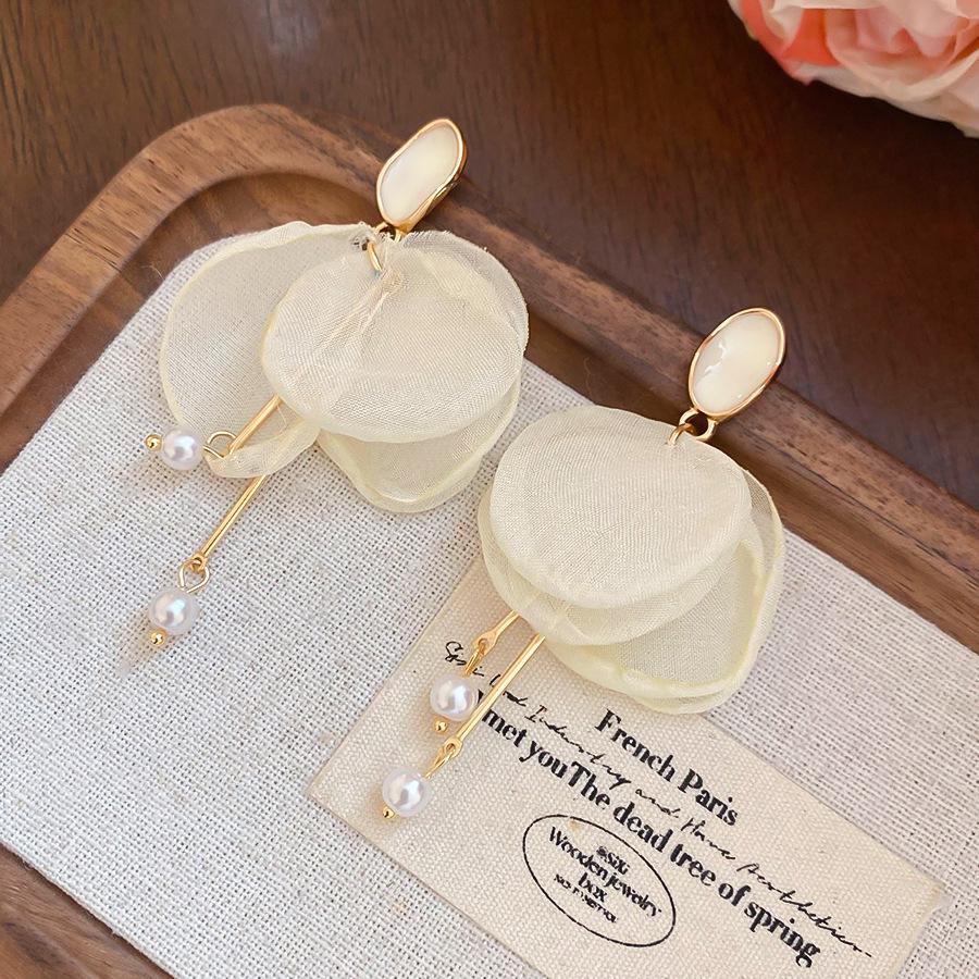 Silver Needle Fabric Flower Glass Fringed Earrings Medium Antique Temperament Stud Earrings Design Sense Niche Earrings