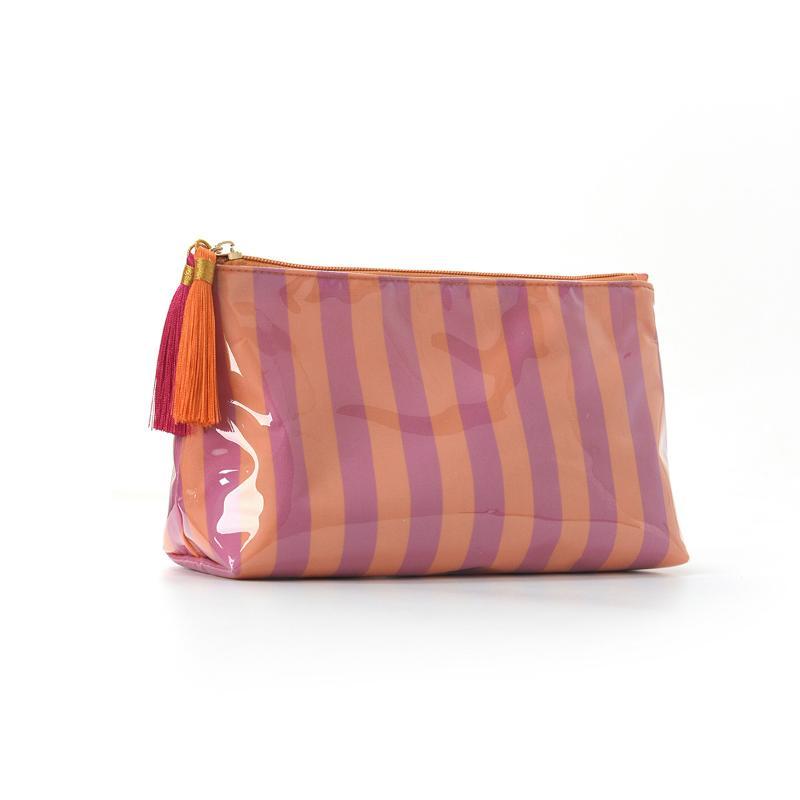 PVC Striped Cosmetic Bag Fringe Trim Waterproof Zipper Closure Portable Makeup Pouch Lightweight Toiletry Case for Travel