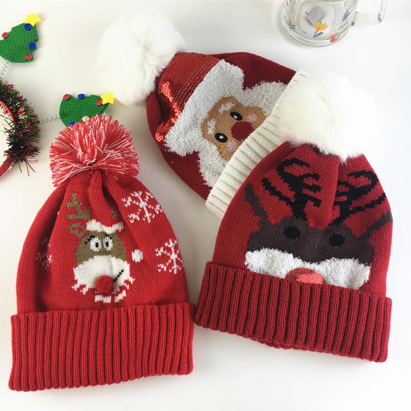 Autumn and Winter Elk Hairball Knitted Hat Cute Christmas Dress Up Red Wool Hat Popular In Europe and America