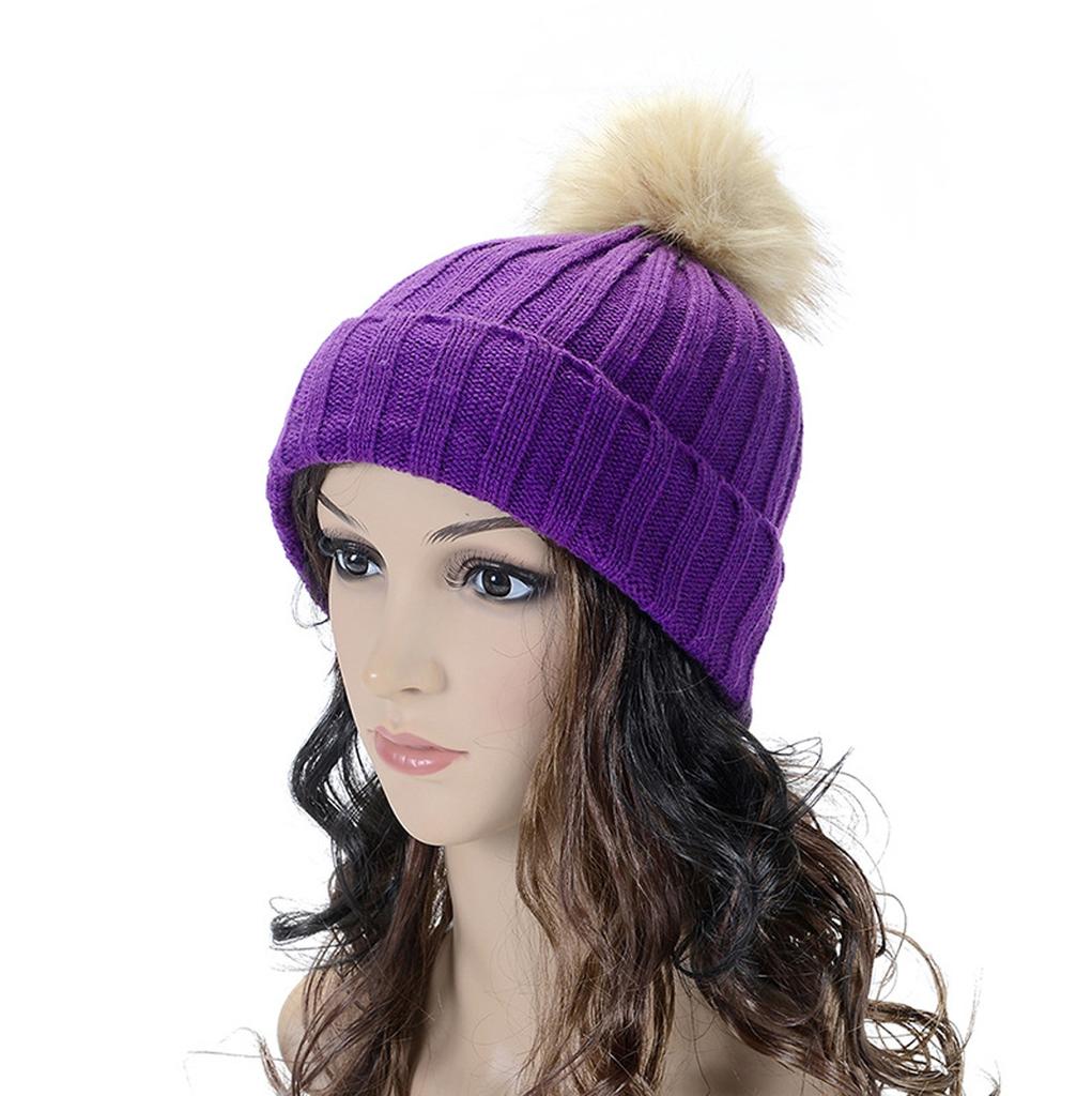 Women Winter Warm Knitted  Cute  F-ur Ball Yarn Hat