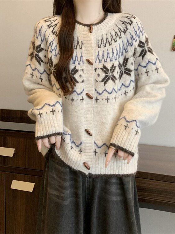 Women's Fair Isle Knit Cardigan: Autumn/Winter Loose Fit, Round Neck, Retro Korean Style Sweater Coat
