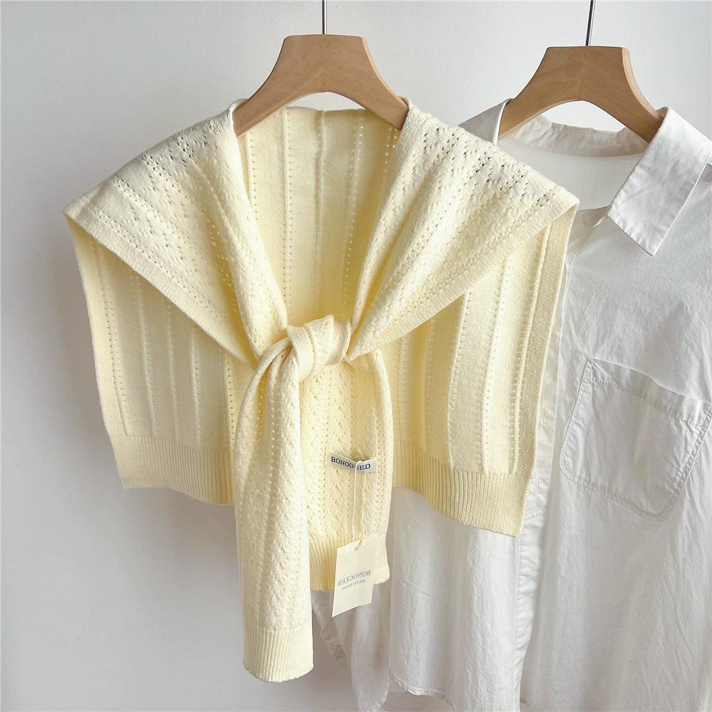 

Korean Plain Basic Hollow Out Knitted Warm Shawl Winter Female Blouse Shoulders Fake Collar Cape Knotted Scarf Stripe Outerwear