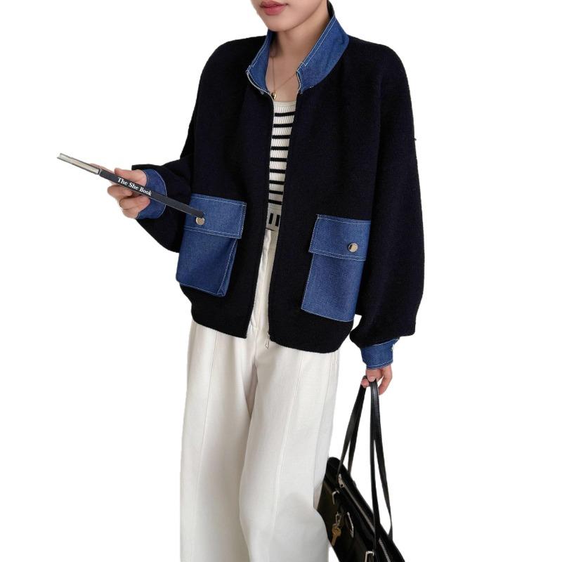 Autumn and Winter New Splicing Denim Knitted Double-sided Cardigan Design Sense Loose Zipper Sweater Jacket Women