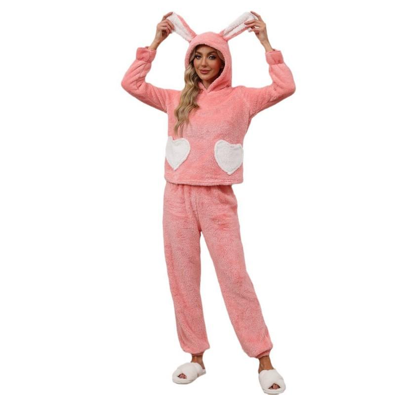 Pink Cute Bunny Ear Pajama Set Young Women - Soft Warm Loungewear Home Outdoor Wear