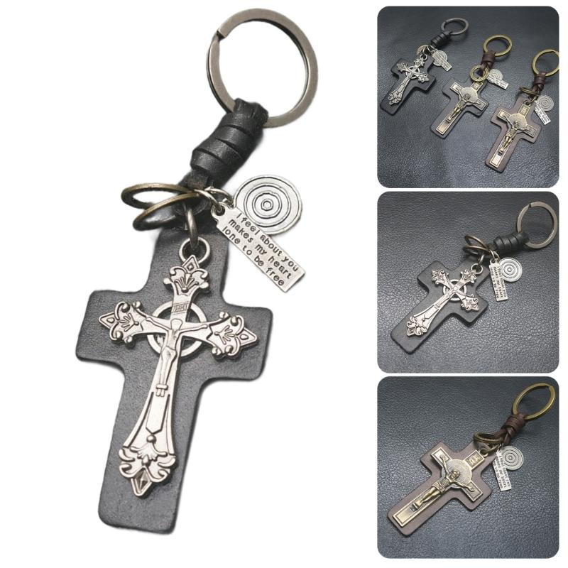 Unique Crucifix PU Leather Keychain Religious Key Ring Bag Pendant for Daily Use Trendy Punk Inspired Key Accessory