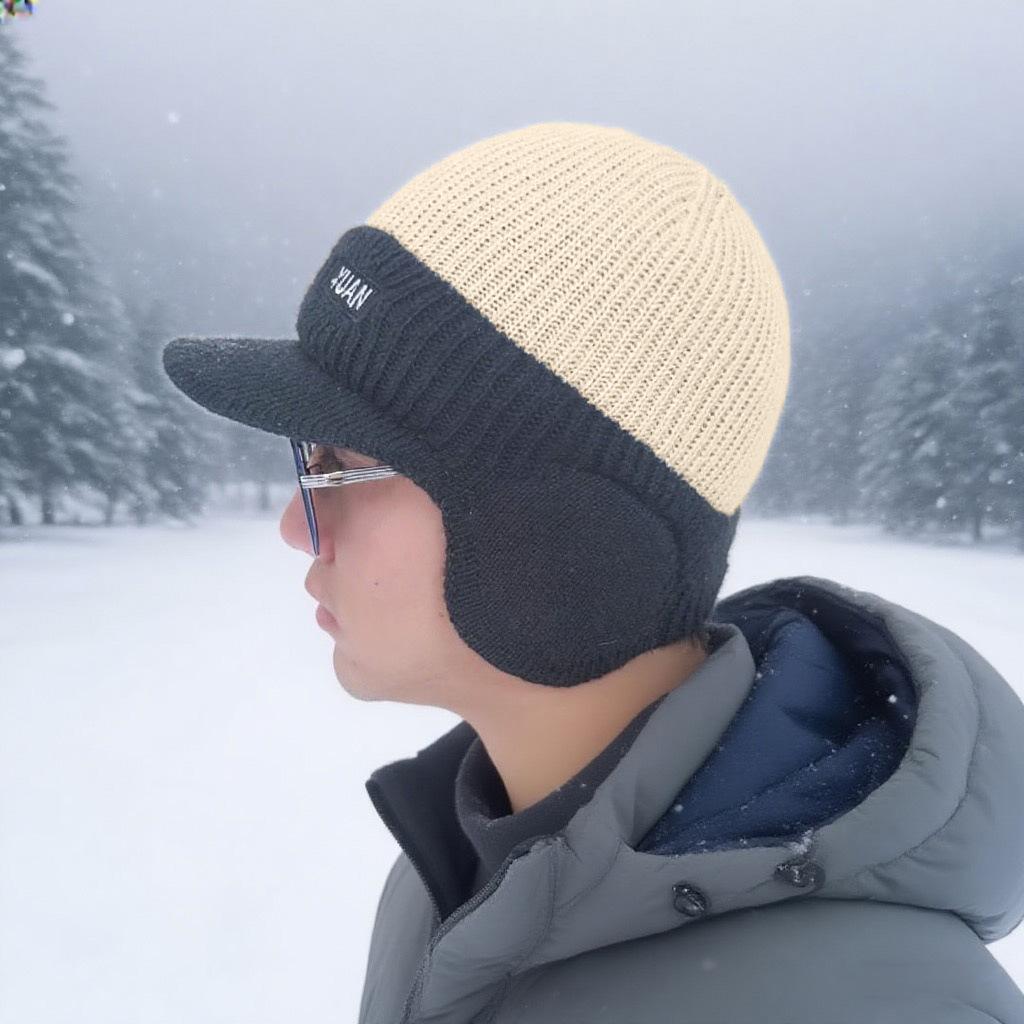 Hat Men's Duck Tongue Outdoor Ear Protection Warm Fleece Knitted Hat Alphabet Color Matching Pullover Wool Hat
