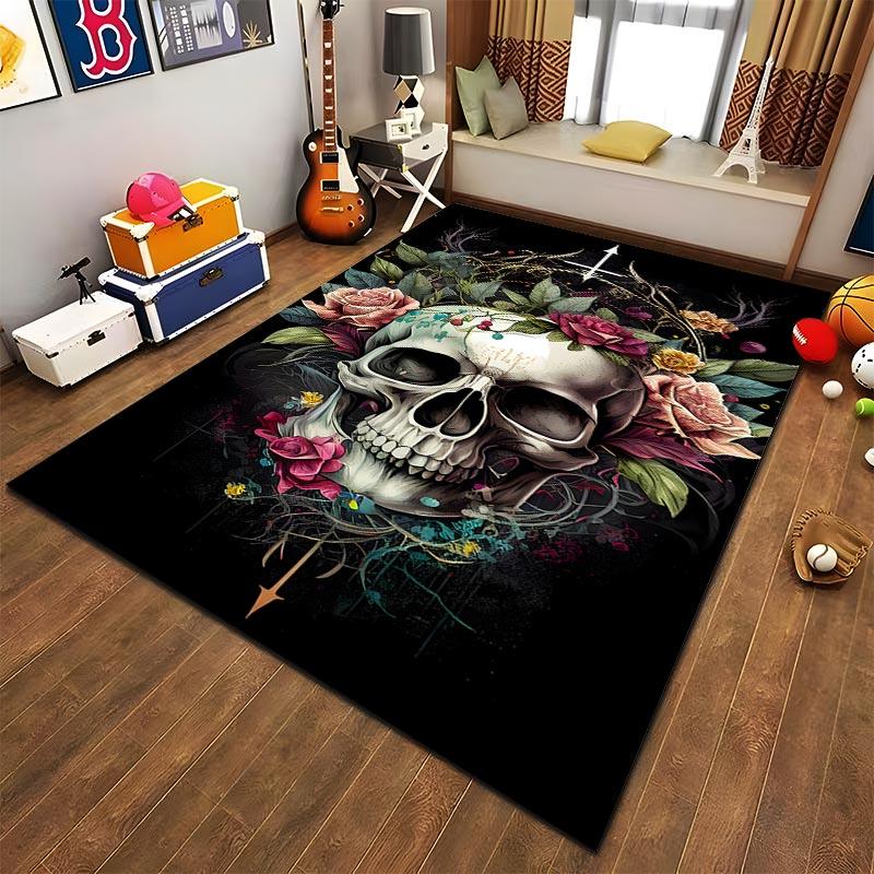 Floral Skull Print Carpet with Roses and Vintage Artistic Style Design Suitable for Use As an Anti-slip for Living Room Bedroom Sofas