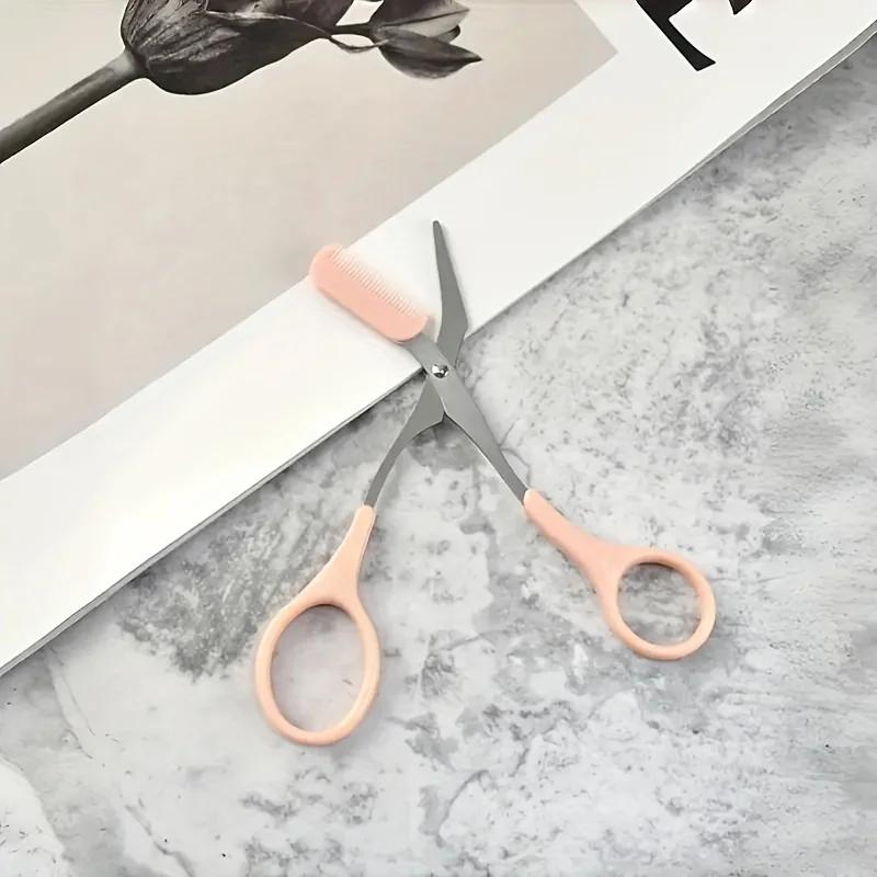 1/2pcs Pink Comb Eyebrow Scissors - Stainless Steel Beauty Tool, Left/Right Hand Use, Pro Home Grooming, Durable Metal Trimmer