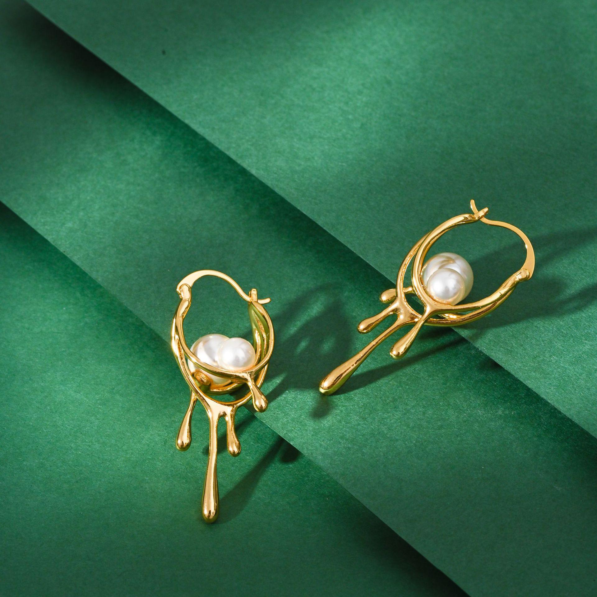 Elegant Pearl Drop Earrings: Irregular Metal  Lava  Design with European & American Style