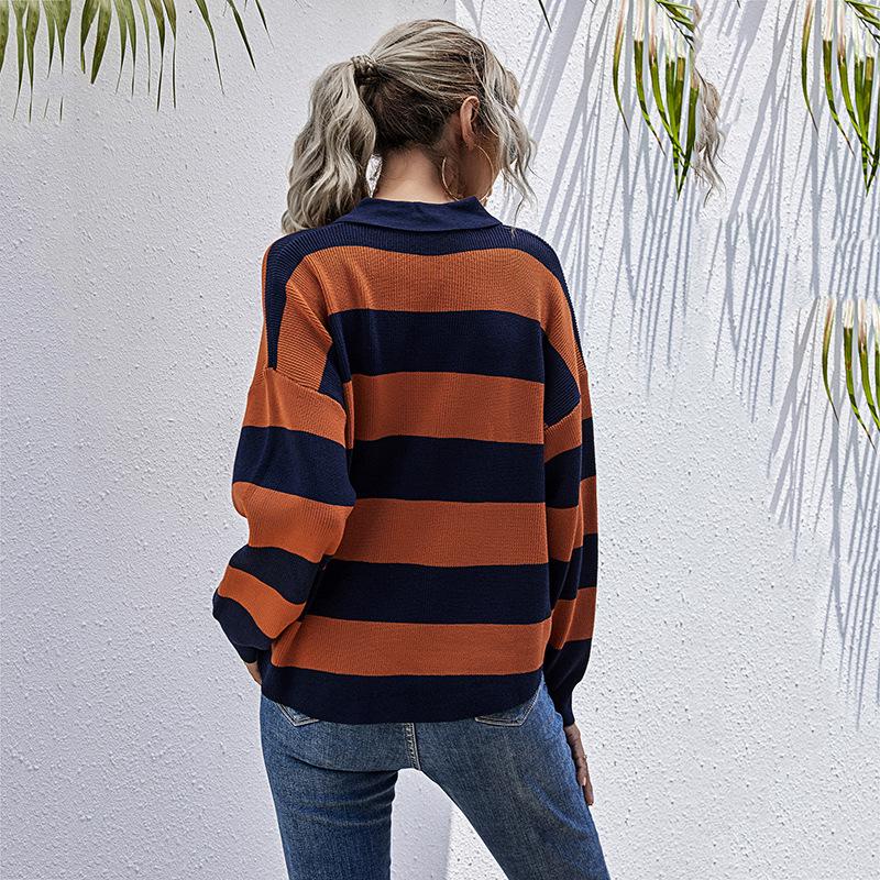 Clothing Fashion Casual Tops Shirts Fashionable and Casual Temperament Autumn Loose Tops Women Striped Long-sleeved Lapel Knit Sweater Thin Models