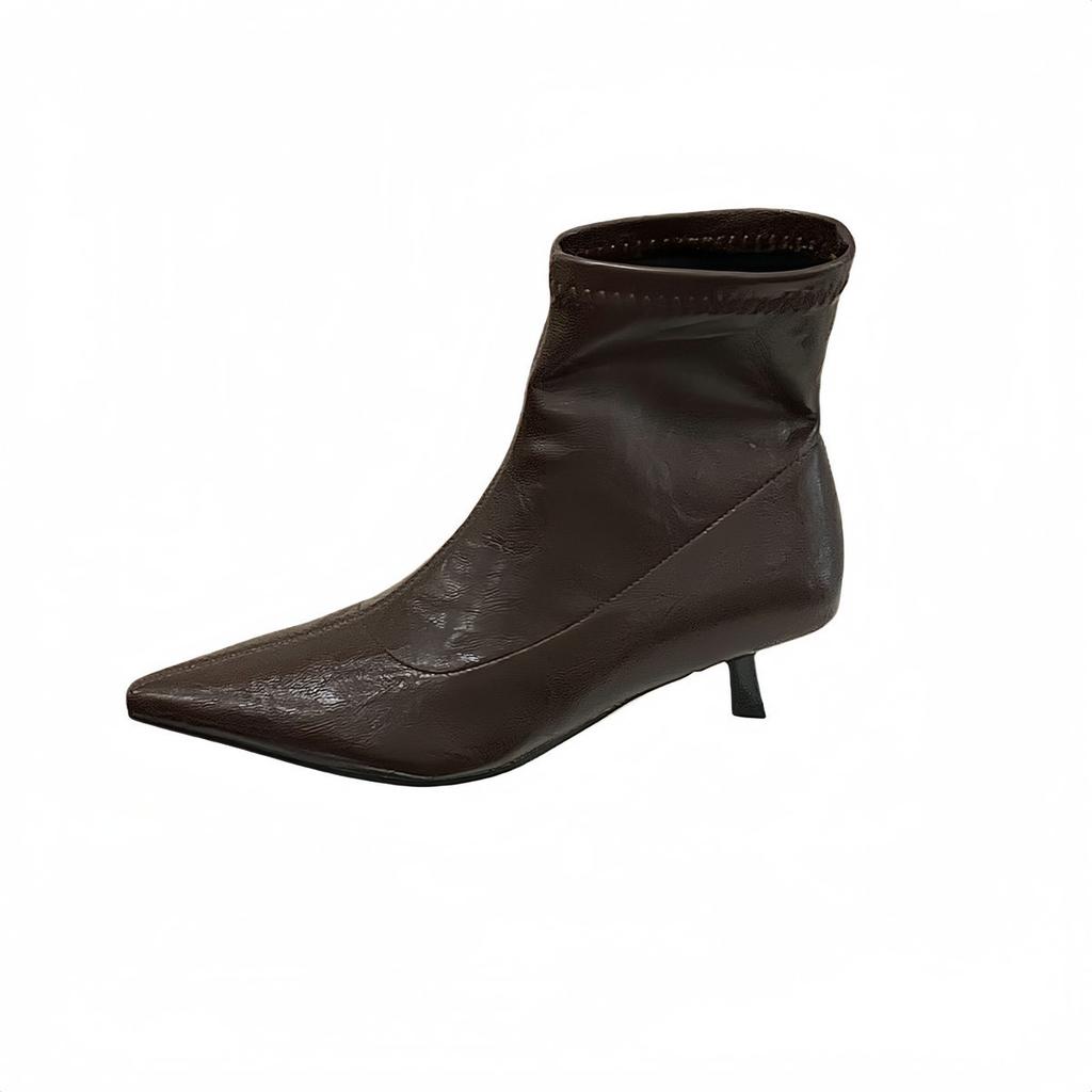 2025 New Foreign Style Thin Versatile Sleeve Pointed Tip Thin Heel Commuting and Bare Boots Solid Color Retro Medium Heel Thin Boots