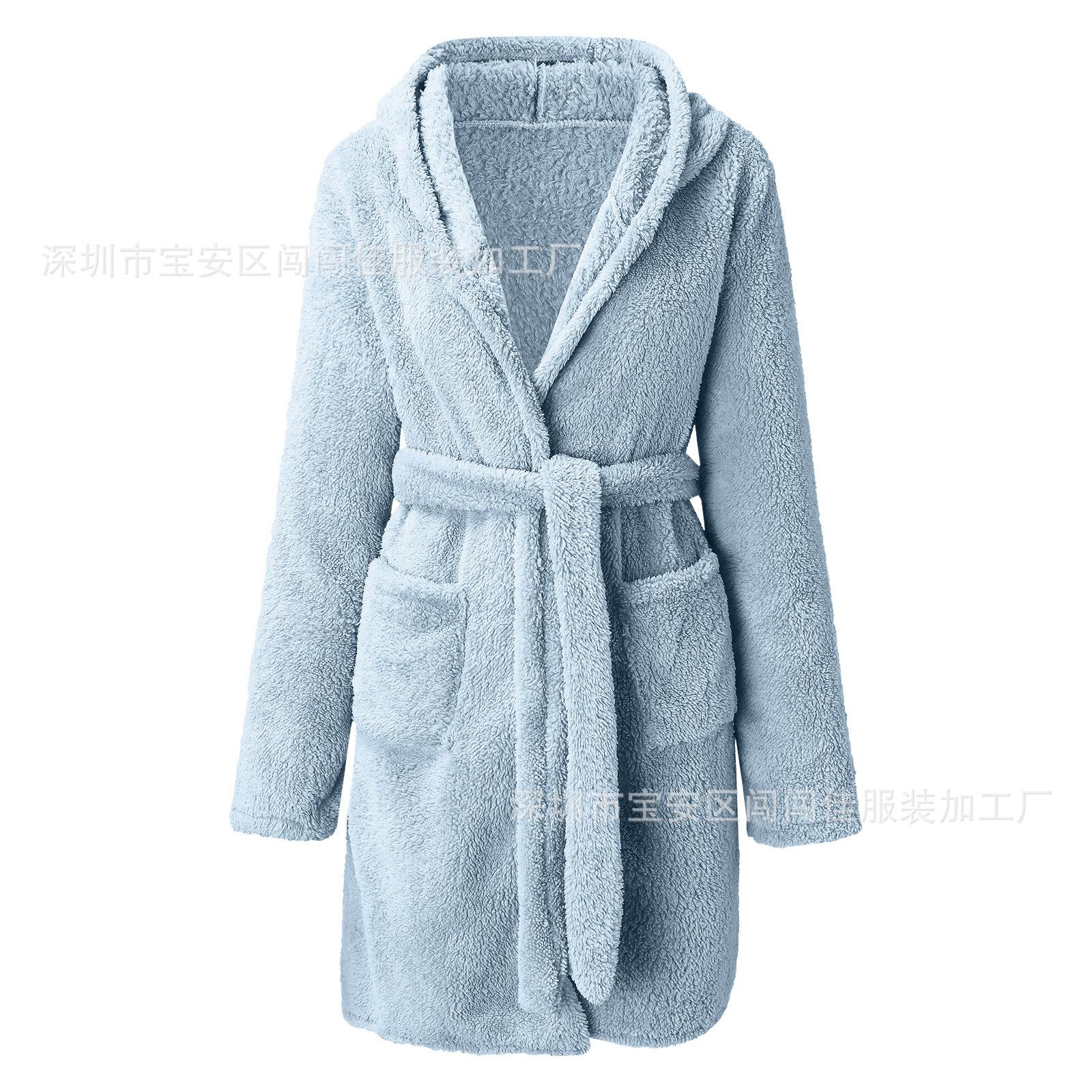 Winter Hooded Home Plush Pajamas Solid Color Warm Bathrobe Women S синий