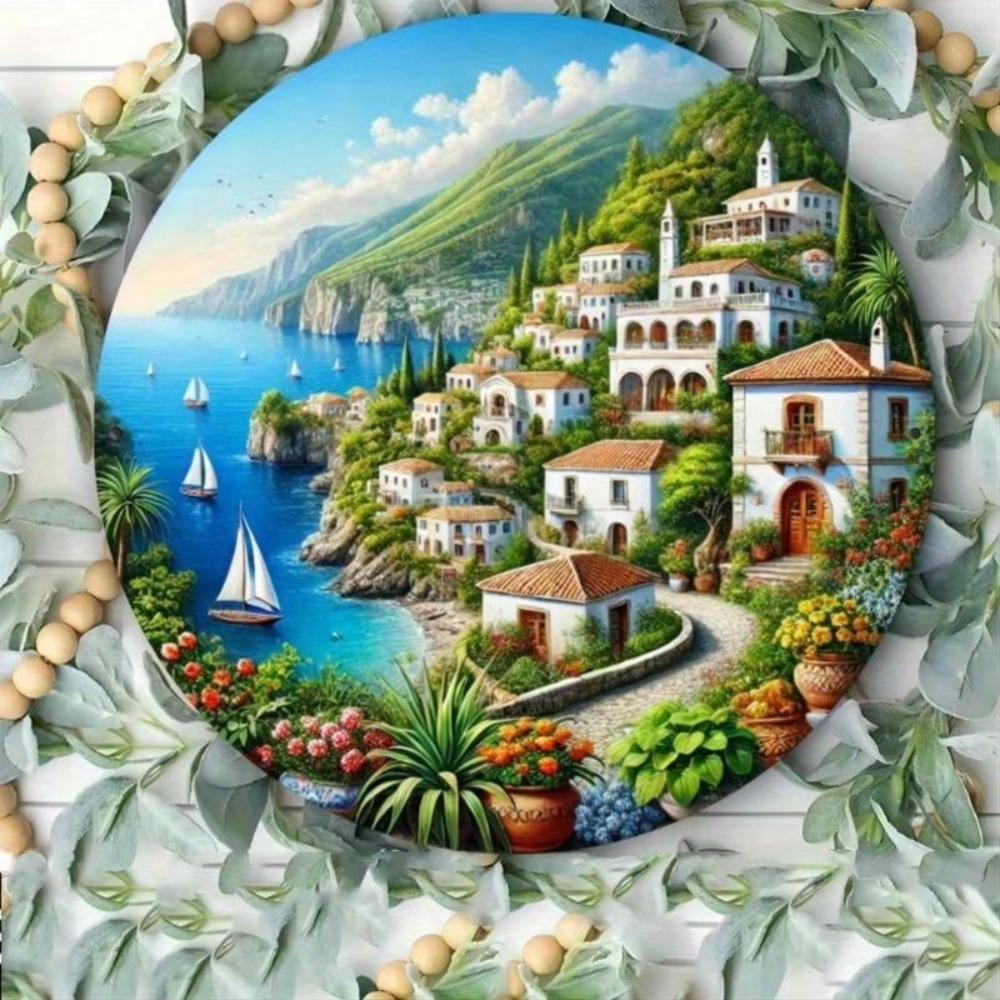Metal Wall Art Mediterranean Coastal Village Sign Greek Island Sea Landscape Decor