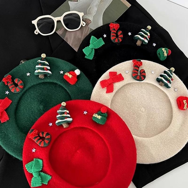 Christmas Beret Hat for Women and Girl, Brimless, Soft Warm Painters Hat, Headwear for Festival, Holiday Photoshoots and Seasonal Party Decoration