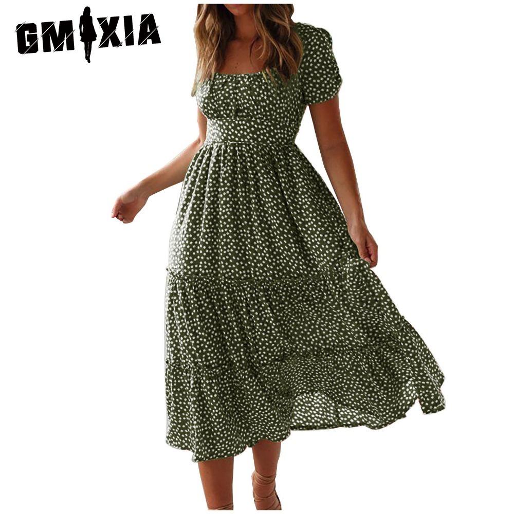 

GMXIA Летнее платье Love в горошек для женщин, повседневное платье-трапеция с коротким рукавом, квадратным воротником и оборками, шифоновое платье миди красного, черного, синего и зеленого цвета XXL армия зеленый