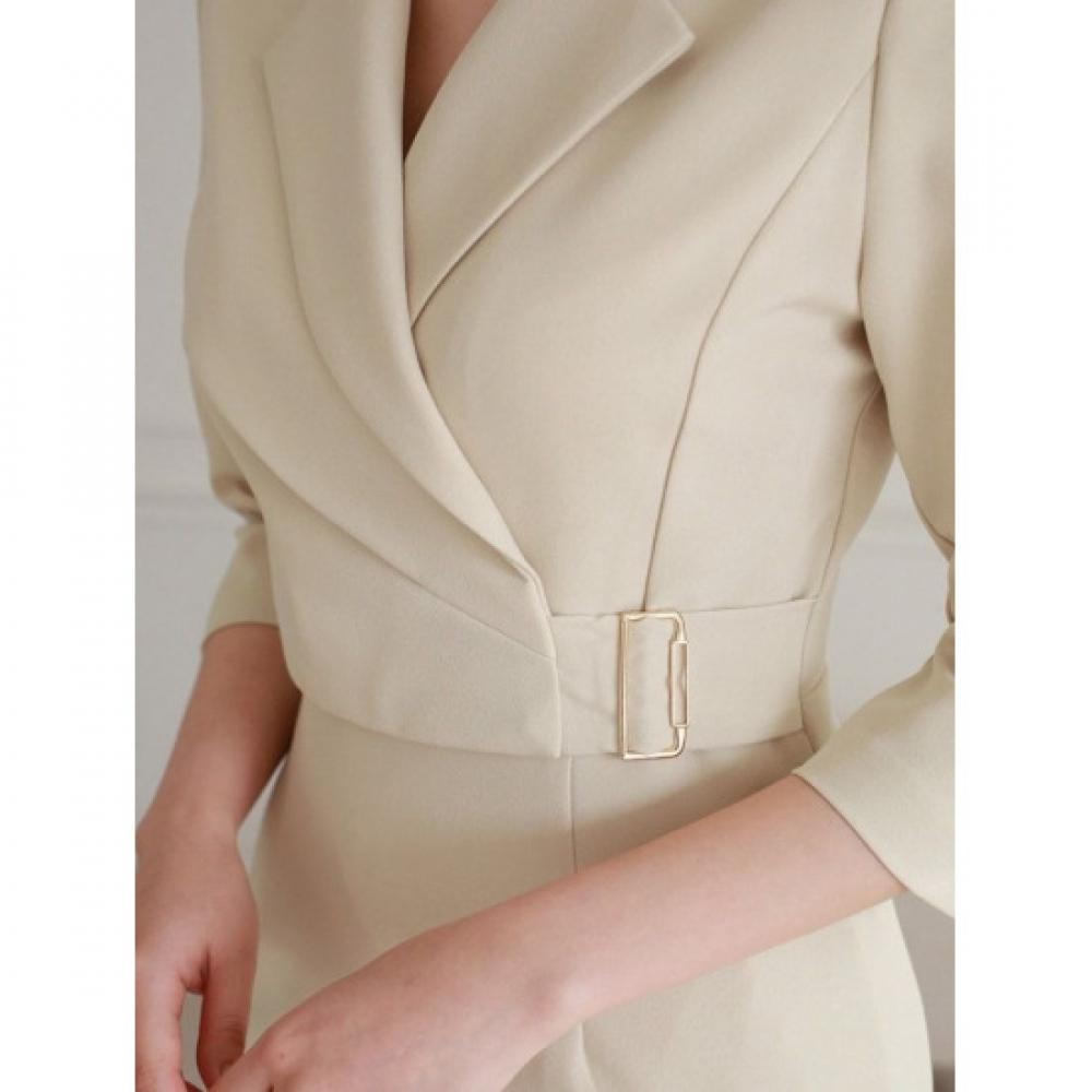 Style Latte H Line Tailored Collar Dress witH Gold Square Buckle