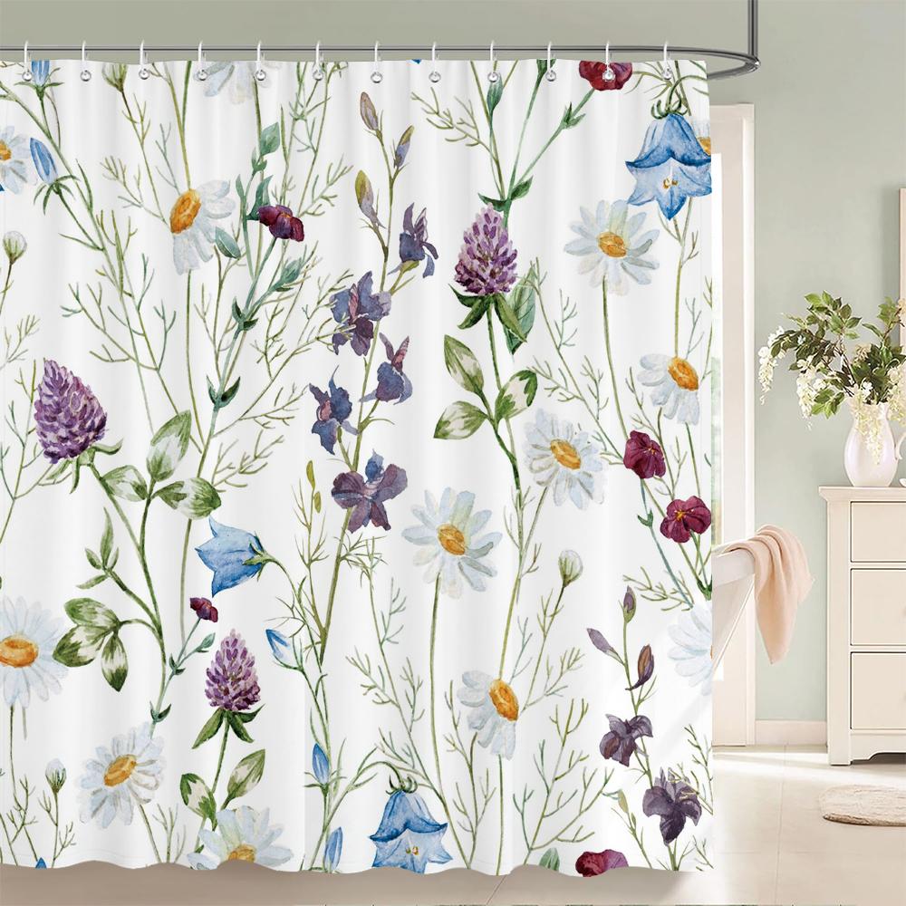 Beautiful Watercolor Flowers and Leaves Printed Shower Curtain Polyester Waterproof Bathroom Curtain Home Decoration With Hooks