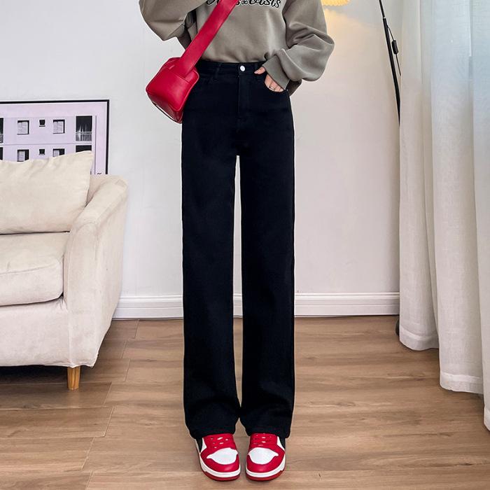 Women's High Waist Straight Leg Jeans Slim Wide Leg Denim Pants Elegant Solid Thick Denim Trousers