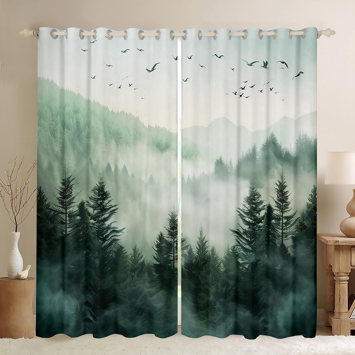 

Smoky Mountain Curtain Nature Forest Window Misty Fog Tree Treatments Drapes Cabin Room Decor Light Blocking Polyester W100*H130(CM)-Rod Pocket&2PCS
