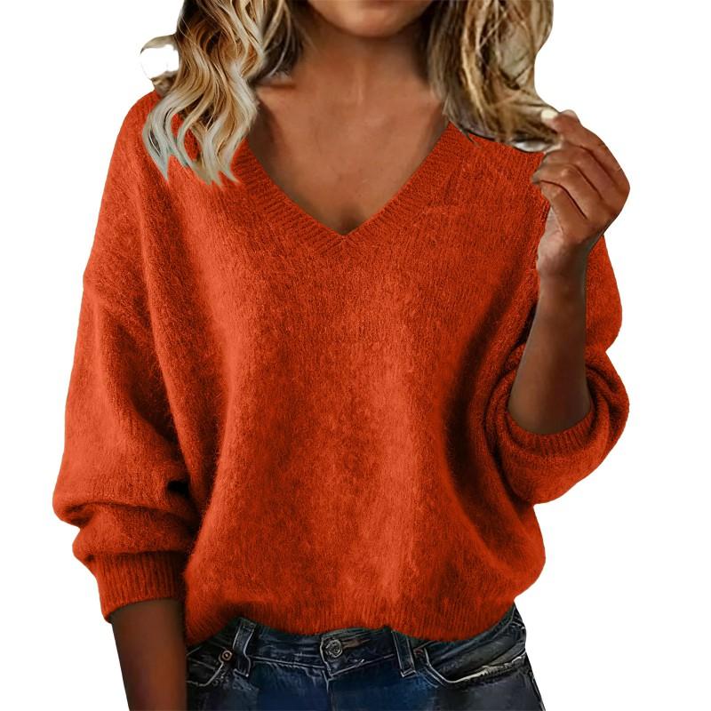 Womens Loose Fit V-Neck Knit Sweater Solid Color Casual Long Sleeve Pullover Winter