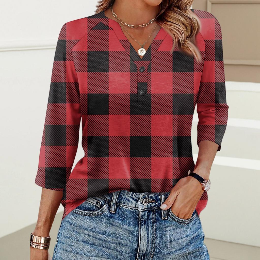 Damenmode Lässig Bedrucktes V-Ausschnitt Knopf Dreiviertelarm T-Shirt Raglanärmel Top
