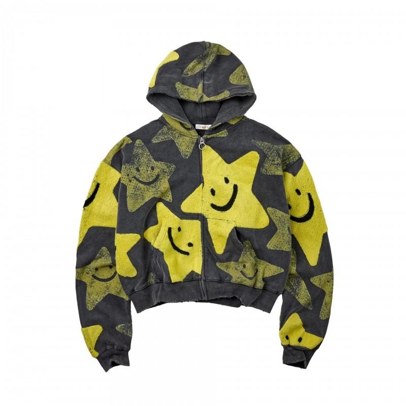 Unisex Streetwear Hooded Zip-Up Sweatshirt With Star Embroidery Casual Oversized Cotton Pullover Men Women